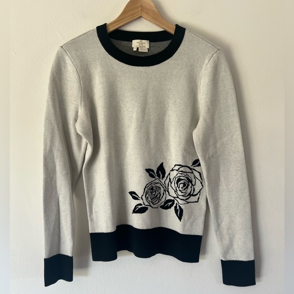 Kate Spade New York Rose Floral Black & White Soft Cashmere Blend Knit Sweater - Picture 2 of 7